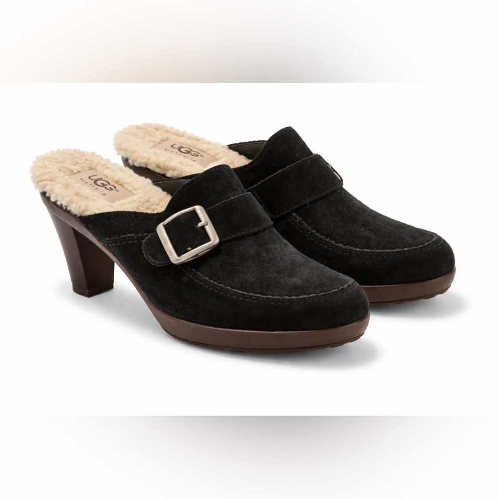 UGG Black Suede Mules Clogs with Buckle
